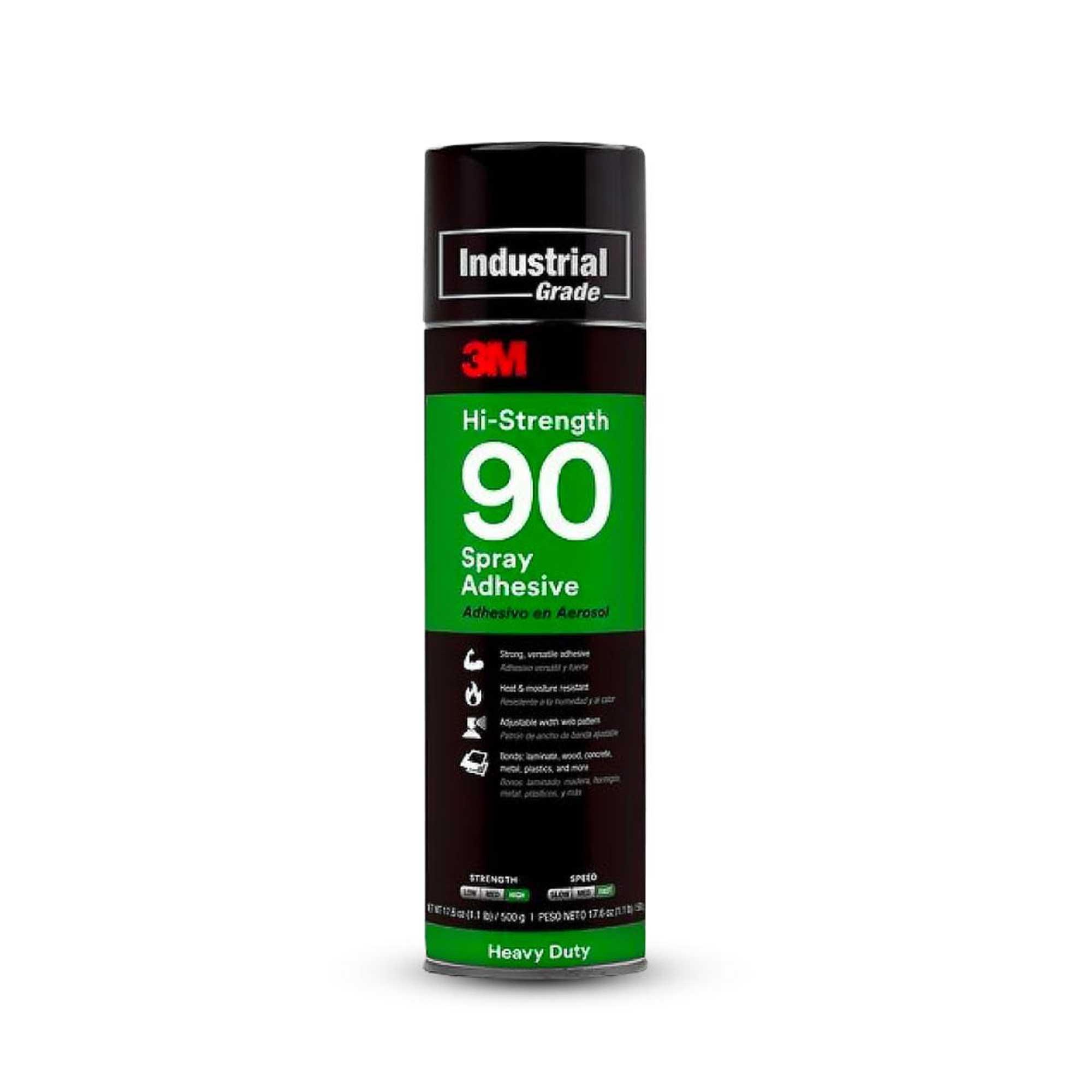 3M Hi-Strength 90 Spray Adhesive 500g can with a clear, transparent spray nozzle, ideal for bonding various materials.